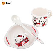 五和（WUHE）兒童飯碗雙耳寶寶輔食碗家用耐摔卡通可愛(ài)嬰兒小豬佩奇餐具食品級 凱蒂貓碗+杯+勺[適0-3歲 贈吸管]