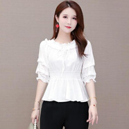 索宛亦（SUOWANYI）一字領(lǐng)收腰雪紡衫女裝中袖上衣2021春秋新款襯衫遮肚洋氣高腰小 白色 L 建議100-115斤