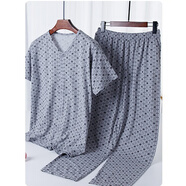 欣尚優(yōu)中老年男士加肥大碼開(kāi)衫系扣短袖長(cháng)睡褲家居服睡衣套裝開(kāi)襟空調衫 麻灰方格 5XL 200-220斤