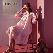 海之寧 睡裙女士夏天甜美格子純棉家居服襯衫領(lǐng)寬松顯瘦連衣裙鏤空刺繡荷葉邊裙子春秋全棉可外穿家居服粉色S