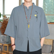 佰序騰中國風(fēng)男裝復(fù)古風(fēng)7分袖體恤國潮服刺繡中式七分袖T恤大碼新款上衣 灰藍色 XL