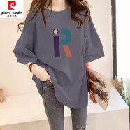 皮爾卡丹（pierre cardin）短袖t恤女裝2024新款夏季寬松中長(zhǎng)款歐貨大版遮屁股洋氣純·棉上 灰色(彩色字母R款) XL 建議120-140斤