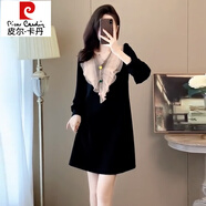 皮爾卡丹（pierre cardin）設(shè)計感高端大碼寬松中長打底裙子秋冬新款時尚減齡洋氣長袖連衣裙 黑色 2XL 建議136-150斤