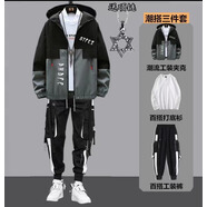 啄木鳥秋冬學(xué)生套裝加絨三件套休閑青少年潮流工裝連帽夾克外套帥氣套裝 三件：工裝褲+斜英文連帽夾克灰+T恤 L_100-115斤
