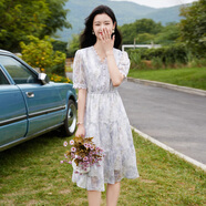 蘭婉坊時(shí)尚甜美V領(lǐng)短袖連衣裙2025年夏季新款淑女溫柔收腰顯瘦中長(zhǎng)款裙 紫色 均碼 s (建議95斤以下)