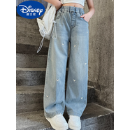 迪士尼（Disney）女童秋季薄款軟牛仔褲子女2025新款高腰窄版兒童闊腿褲女大童直筒 藍色刺繡小愛(ài)心春秋款 130 (適合120-130cm，6-7歲)