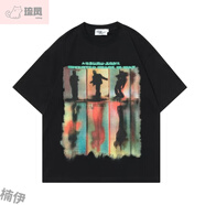 琉鳳秋風(fēng)如初涂鴉倒影短袖T恤男女寬松潮牌oversize炫酷休閑半袖上衣 黑色 M