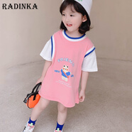 Radinka2025夏新款女童卡通短袖中長(zhǎng)款洋氣T恤裙女兒童假兩件連衣裙ZTM 粉色假兩件T裙 90碼