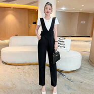 尚簡(jiǎn)紛背帶褲女2025春秋新款韓版高腰顯瘦時(shí)尚洋氣減齡垂感小腳連體褲潮 黑色【兩件套】 S （建議85-100斤）