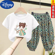 迪士尼（Disney）女童套裝2023夏裝新款兒童衣服純棉T恤半袖女寶寶短袖長褲兩件套 古風(fēng)女孩 白色t+民風(fēng)褲 90 【身高80-90CM】