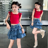 女童牛仔短裙夏季2025新款兒童洋氣半身裙時(shí)髦女大童夏裝裙子套裝 單件牛仔短裙【內有安全褲】 130cm