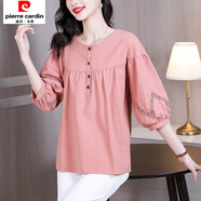 皮爾卡丹棉麻襯衫女新款中袖七分袖上衣女漂亮時(shí)尚女裝洋氣小衫寬松遮肚子 粉色 XL 建議115-135斤