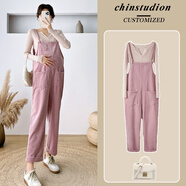 晞帆（XIFAN）孕婦裝套裝兩件套春秋季長(cháng)袖針織V領(lǐng)衣服寬松休閑背帶褲孕媽春裝 粉色套裝 L（100-120斤）