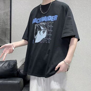 嘉曄（JIAYE）夏季加肥加大碼男士五分袖t恤男寬松衣服潮流半袖胖子短袖T恤衫 美少女黑色 L