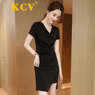 KCV女裝連衣裙夏氣質(zhì)短袖裙顯瘦時(shí)尚打底中長(zhǎng)款小個(gè)子黑色裙子 黑色連衣裙 M