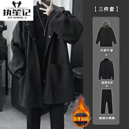 執笙記中長(cháng)款夾克外套男士休閑套裝秋冬季青少年痞帥氣衣服男裝三件套 黑色外套+黑色毛衣+加絨小西褲 3XL 【建議160-180斤