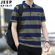 吉普（JEEP）短袖t恤男士條紋翻領(lǐng)上衣夏季新款商務(wù)休閑寬松大碼半袖T恤衫 軍綠色 5XL (建議195-210斤)