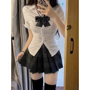 織姬jk制服收腰襯衫女上衣短袖春夏學(xué)院風(fēng)修身顯瘦白色襯衣辣妹套裝女 白色短袖+碳灰短裙套裝 S