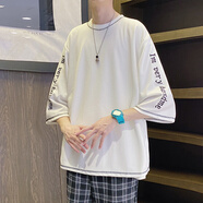 雪萊瓊斯 t恤男夏季港風刺繡七分袖薄款潮牌學生潮流寬松冰絲衣服體恤男裝 T04白色 L