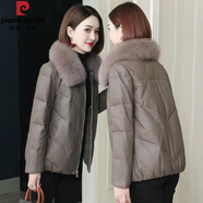 皮爾卡丹（pierre cardin）2024冬季新款海寧狐貍毛領(lǐng)PU皮羽絨服女短款加厚寬松衣服外套 駝色 2XL 135-145斤