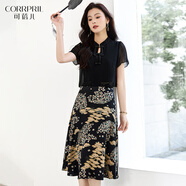 可蓓兒【換季清倉】新中式國風(fēng)小個(gè)子顯瘦遮肉短袖氣質(zhì)優(yōu)雅假兩件裙子