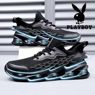 花花公子（PLAYBOY）網(wǎng)面鞋子男2023新款透氣飛織刀鋒休閑運動(dòng)男鞋秋季增高百搭厚底鞋 黑色 41