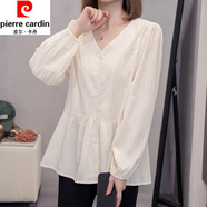 皮爾卡丹（pierre cardin）大碼高端輕奢寬松遮肚子半袖T恤女士2024新款V領(lǐng)小衫短袖上衣 杏色長(zhǎng)袖【大碼寬松遮肚上衣/大 2XL 【140-160斤】