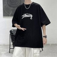 TYHK夏季短袖t恤男潮牌百搭寬松青少年字母印花體恤港風(fēng)個(gè)性港風(fēng)上衣 AN2號字母黑色 M（適合120-130斤）