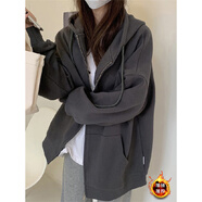 魯雅爾灰色連帽衛(wèi)衣外套女裝早秋季長袖上衣服美式小個子寬松慵懶開衫潮 深灰色加絨 2XL 【建議140斤到160斤】