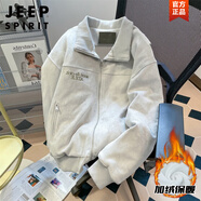 JEEP SPIRIT美式重磅麂皮絨棒球服外套男女春秋刺繡加厚歐美hiphop飛行員夾克 灰色款 加絨 XL