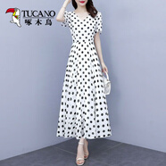 啄木鳥波點(diǎn)雪紡長裙夏裝2025女裝新款圓點(diǎn)V領(lǐng)仙女氣質(zhì)短袖修身連衣裙女 白色黑波點(diǎn) 3XL 建議135-145斤