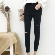 呦魅淺色彈力高腰牛仔褲女小腳褲新秋款破洞緊身褲子學(xué)生韓版鉛筆褲 黑色破洞 26