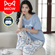 貓人（MiiOW）帶胸墊睡衣女春夏季薄款純棉短袖長(zhǎng)褲家居服棉半袖可外穿兩件套 YM641 純棉100/ L -建議100-120斤內(nèi)【帶胸墊】