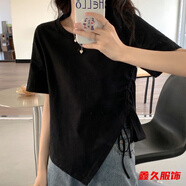 美安嘉300斤大碼女裝遮肚子不規(guī)則短袖正肩T恤夏季胖mm寬松開(kāi)叉別致上衣 黑色-胖mm大碼女裝 2XL 建議150-180斤-胖mm大碼女裝