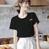 ESCURLTF純棉白色短袖t恤女學(xué)生夏季寬松韓版圓領(lǐng)印花閨蜜裝體恤衫ins上衣 黑色-胸標(biāo)彩虹 S  建議75-95斤