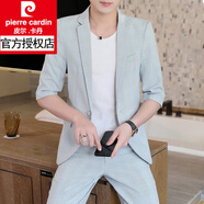 皮爾卡丹（pierre cardin）2025男士西服套裝韓版修身休閑外套中袖夏季薄款小西裝七分袖帥氣 927淺灰色（西服+褲子） 2XL 180