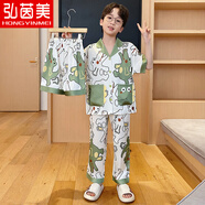 弘茵美2025新款兒童睡衣男童夏季冰絲短袖三件套裝中大童男孩家居服夏款 cmg41464(冰絲三件套) 160 【童M碼】重85-100斤內(nèi)