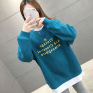 【下衣失蹤】遮臀蓋屁股包臀衛(wèi)衣女中長(zhǎng)款美女圖案春秋薄款中長(zhǎng)款衛(wèi)衣春新款假兩件時(shí)尚洋氣圓領(lǐng)上衣潮 孔雀藍(lán)【春秋款_A字母】 L_建議100-118斤