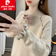 皮爾卡丹（pierre cardin）2025年秋冬新款半高領(lǐng)荷葉邊袖針織衫毛衣釘珠內搭洋氣潮上衣女女 米色 均碼