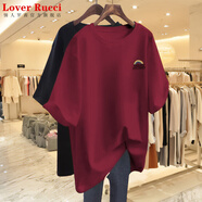 LOVER RUCCI歐貨大版純棉中長款短袖T恤女2025夏季新款寬松上衣女半袖體恤潮 酒紅【彩虹字母】 XL 建議155-180斤