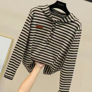 尚濤衛衣女春秋女裝新款時(shí)尚連帽條紋長(cháng)袖t恤寬松休閑短款上衣打底衫 棕色條紋 3XL  建議130-140斤