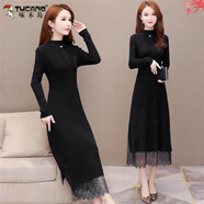 啄木鳥(niǎo)針織連衣裙2025新款秋中長(cháng)款過(guò)膝內搭配大衣收腰加絨加厚打底毛衣 黑色 3XL 135-150