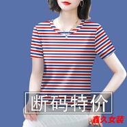美安嘉春秋新款媽媽裝長袖圓領打底衫遮肚顯瘦T恤女上衣潮 16301藍紅條短/袖上衣-洋氣媽媽裝 3XL 建議140-155-洋氣媽媽裝