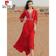 皮爾卡丹（pierre cardin）紅色連衣裙夏女長(cháng)袖新疆旅游穿搭沙漠長(cháng)裙拍照沙灘裙海邊度假仙 繡花紅裙 L