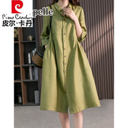 皮爾卡丹（pierre cardin）新款連衣裙子春裝色棉麻長(cháng)袖襯衫裙女秋遮肚顯瘦亞麻開(kāi)衫連衣裙 橄欖綠 2XL(145-160斤)