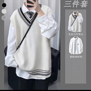 狄帝鯊慵懶風(fēng)V領(lǐng)毛衣男春秋款寬松學(xué)院風(fēng)針織背心日系復(fù)古百搭坎肩馬甲 白色+633襯衫+領(lǐng)帶 XL