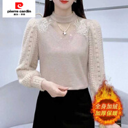 皮爾卡丹（pierre cardin）今年流行的加絨加厚蕾絲打底衫女洋氣顯瘦半高領(lǐng)氣質(zhì)拼接針織上衣 杏色 加絨 2XL 115-125斤