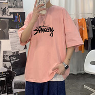 TYHK夏季短袖t恤男潮牌百搭寬松青少年字母印花體恤港風(fēng)個(gè)性港風(fēng)上衣 AN2號(hào)字母粉紅色 S（適合90-110斤）