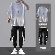 摘星少年衣服春夏季套裝男青少年帥氣短袖兩件套港風半袖T恤工裝褲一套裝 宇航員白+K94褲子黑【兩件套】 M 100-110斤