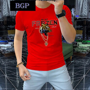 BGP潮牌歐美風夏季新款潮流男半袖T恤圓領字母虎頭燙鉆百搭修身短袖 紅色 M